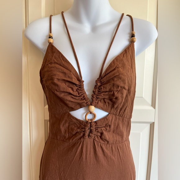 Zara Women Rustic Camisole Midi Brown Dress Size Small. Linen Blend - Picture 7 of 14